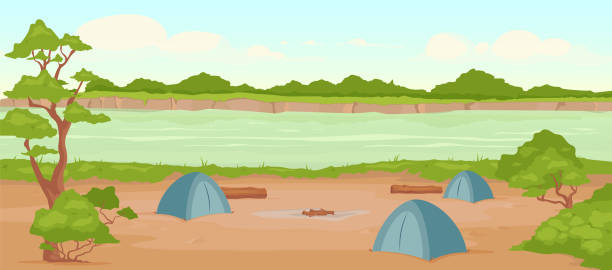 Campground flat color vector illustration Campground flat color vector illustration. Wild river bank. Recreation in nature. Summertime active leisure. Camping journey. Tents 2D cartoon landscape with woodland on background riverbank stock illustrations