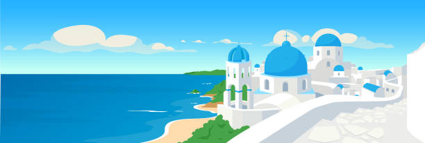 Greek coastal town flat color vector illustration Greek coastal town flat color vector illustration. Summer holiday in Greece. Mediterranean vacation. Traditional white buildings. Santorini panoramic 2D cartoon with seascape on background santorini stock illustrations