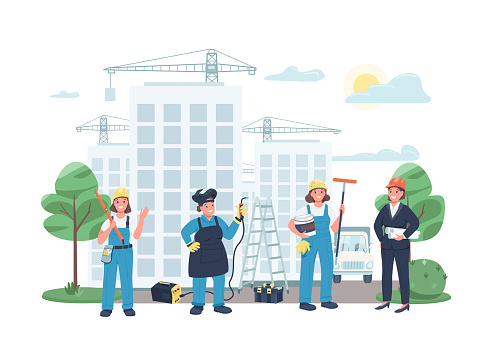Construction site female workers flat color vector detailed characters. Builder and welder with working equipment. Cheerful coworkers isolated cartoon illustration for web graphic design and animation