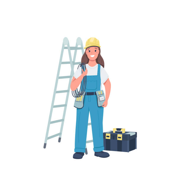 Woman electrician flat color vector detailed character Woman electrician flat color vector detailed character. Gender equality. Cheerful female working with electrical equipment isolated cartoon illustration for web graphic design and animation electrician stock illustrations