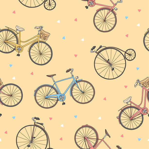 Seamless pattern with different bikes. Hand-drawn. Seamless pattern with different bikes. Colorful vector illustration in sketch style. Hand-drawn. bicycle patterns stock illustrations