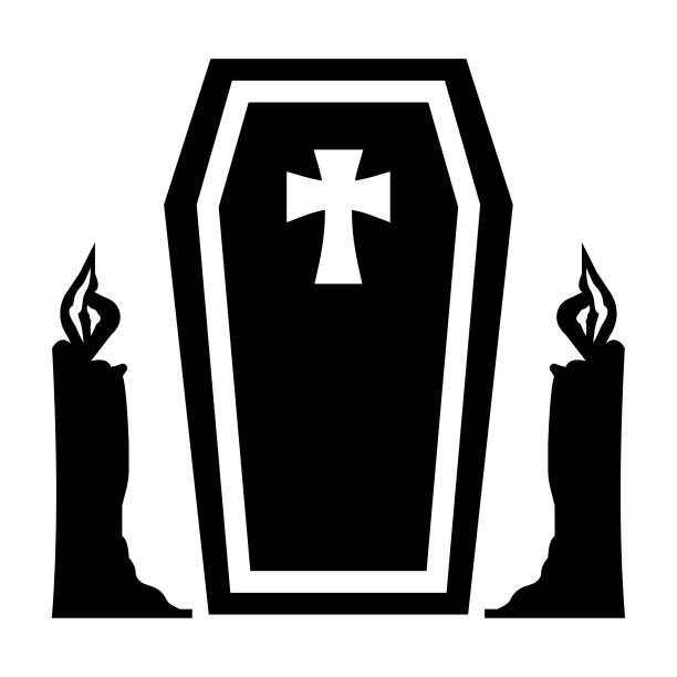Coffin and candle isolated on white background Coffin and candle isolated on white background, Halloween theme silhouette black and white flat design funeral home logo stock illustrations