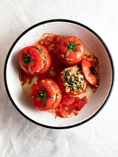 stuffed tomatoes Stuffed Tomato, Appetizer, Baked, minced meat, Tomato, Stuffed, food, food and drink, Rice - Food Staple, tomato rice stock pictures, royalty-free photos & images