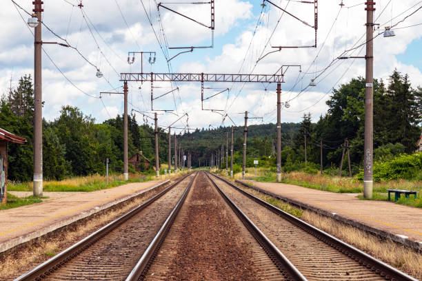 istock Railway electrified road leading to the city. 1256096628