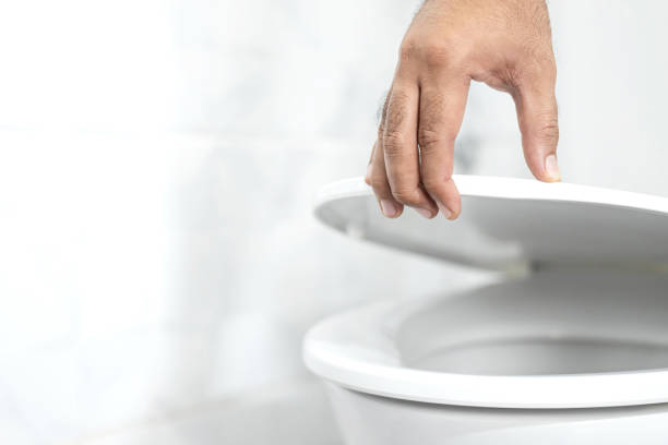 istock Man opens toilet seat with hand in the bathroom 1256097754