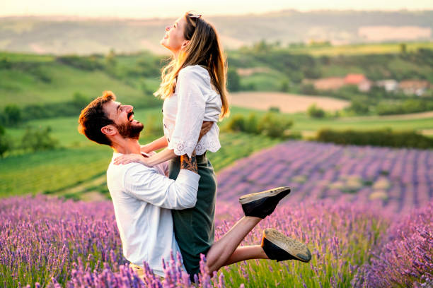 istock Happy couple in lavender field 1256097984