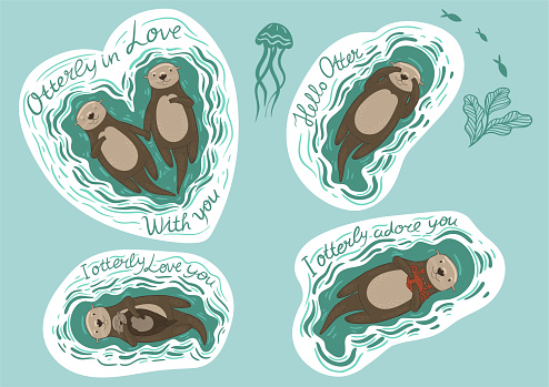 Set of stickers with sea otters and inscriptions. Vector image.