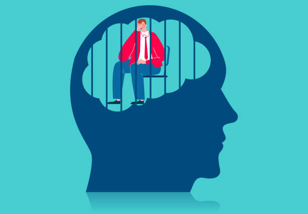 Depression, sad man crying sitting in a cage in the brain Depression, sad man crying sitting in a cage in the brain depression behavior businessman economic depression stock illustrations