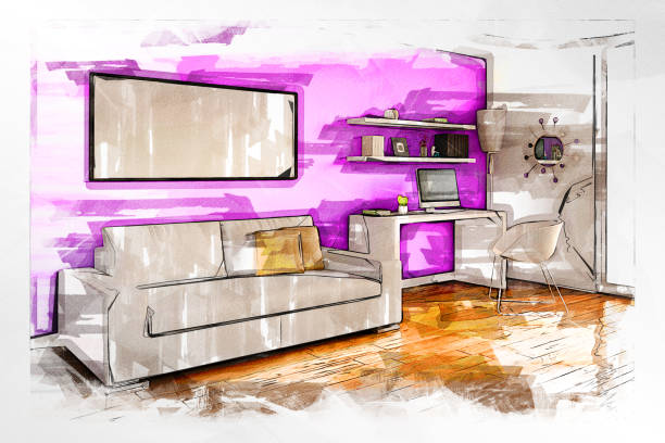 istock Empty living room with white sofa, workdesk and decoration sketch drawing with markers 1256099267