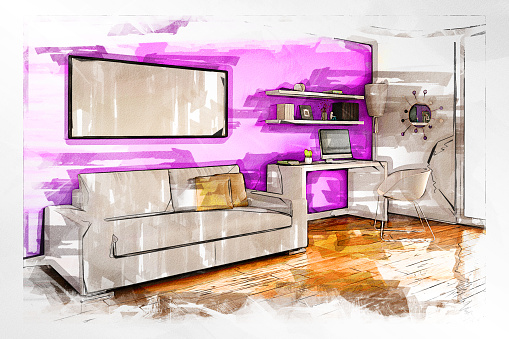 Empty living room with white sofa, workdesk and decoration on hardwood floor in front of pink background wall and copy space. Sketch effect applied on 3D rendered image.