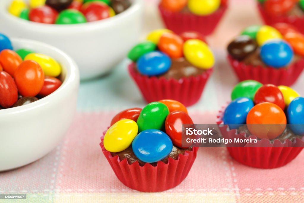 Traditional Brazilian chocolate candy called brigadeiro in m&ms gourmet version Candy Stock Photo