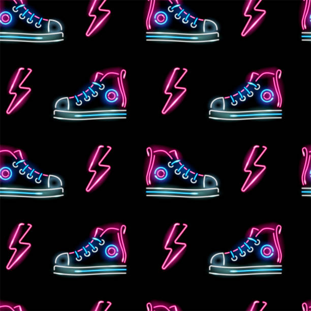 ilustrações de stock, clip art, desenhos animados e ícones de seamless pattern with neon icons of sneakers and lightning bolts on black background. fashion, girly, footwear, sport concept for wallpaper, wrapping, print. vector 10 eps illustration. - night running