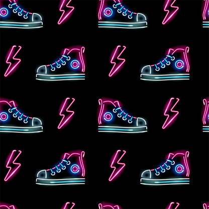 Seamless pattern with neon icons of sneakers and lightning bolts on black background. Fashion, girly, footwear, sport concept for wallpaper, wrapping, print. Vector 10 EPS illustration.