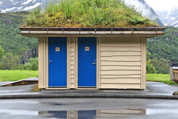 Tourist restroom at a rest area next to a fiord in Nordland, Norway. Svartisen area.
