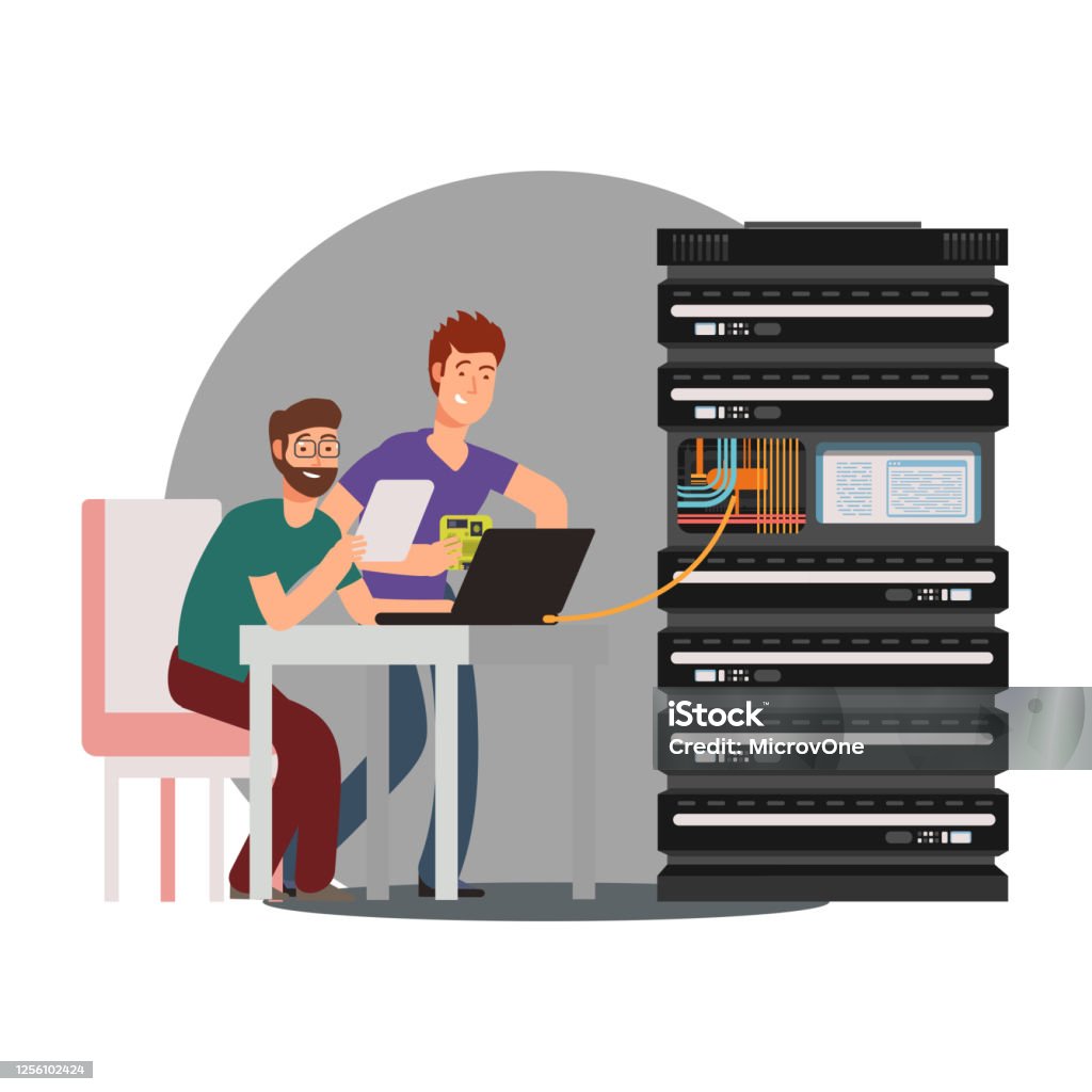 Cartoon Computer Building Cartoon Computer Engineers Working With Server Stock Illustration ...
