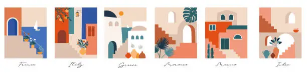 Vector illustration of Abstract places, villages, small streets, old towns in Morocco, Mexico, Greece and Italy in pastel colors. Vector illustrations and design