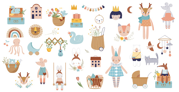 Trendy baby and children icons, stickers, tattoos. Vintage style. Vector illustration collection