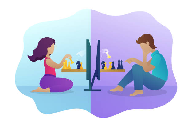 People playing chess online during quarantine People playing chess online during quarantine. Boy and girl sitting on floor in front of computer screens playing strategic game. Stay home and social distancing concept. Flat vector illustration computer chess stock illustrations