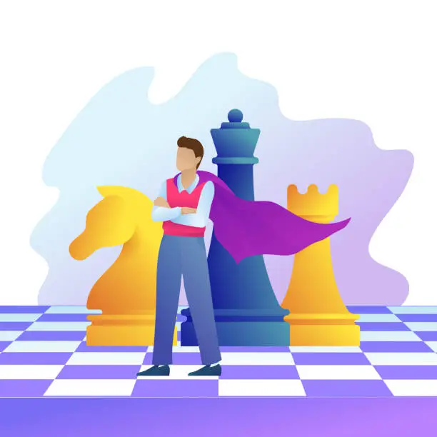 Vector illustration of Successful entrepreneur in superman cloak stands on chess board. Concept of business strategy, management, leadership