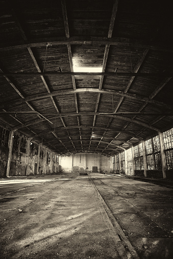Interior of an abandoned industrial building with girder crane and wooden ceiling