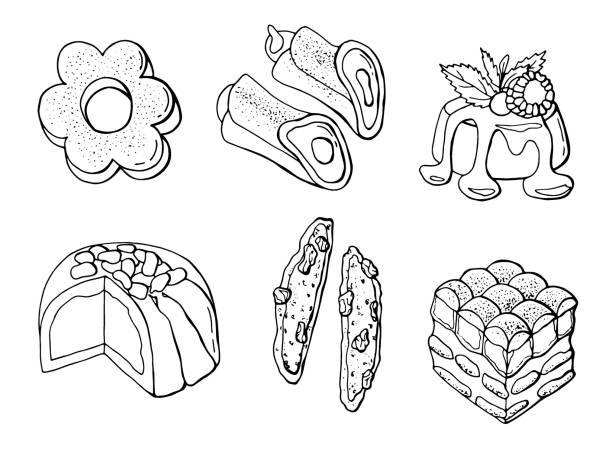 ilustrações, clipart, desenhos animados e ícones de conjunto linear de sobremesas italianas. - biscotti italian culture cookie restaurant