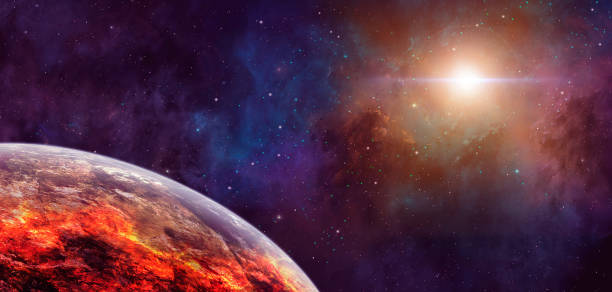 istock Space panoramic background. Cracked planet in colorful nebula 1256108416