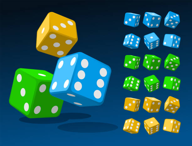 주사위 세트 등색 블루 그린 골든 벡터 일러스트레이션 - rolling dice stock illustrations