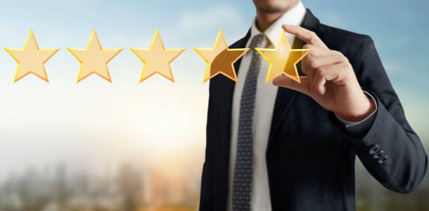 istock Hand of touching rise on increasing five stars. Increase rating evaluation 1256114951