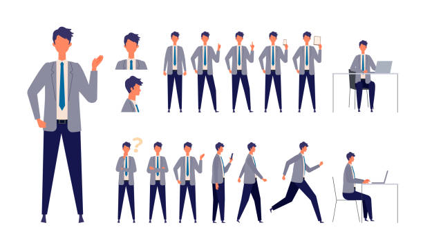 Set of businessman characters in different poses. Working, standing, walking, sitting and running. Set of businessman characters in different poses. Working, standing, walking, sitting and running. Vector illustration in flat style. full length illustrations stock illustrations