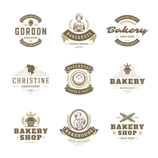 illustrazioni stock, clip art, cartoni animati e icone di tendenza di i loghi e i badge dei prodotti da forno impostano l'illustrazione vettoriale - baking baker bakery bread