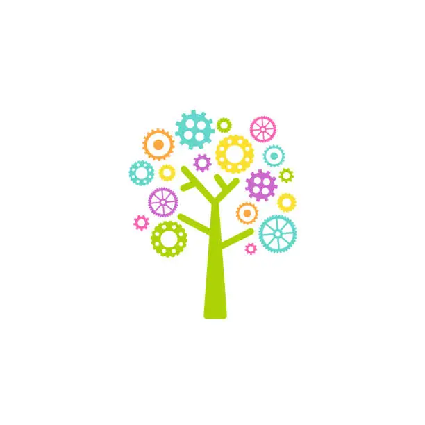 Vector illustration of Tree with colorful gears. Skills set and support icon isolated on white.