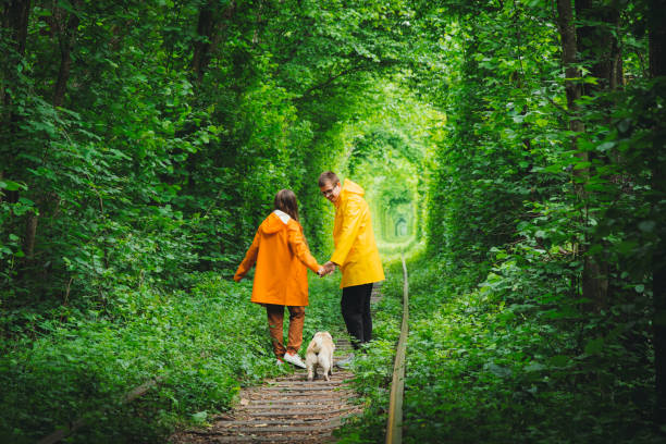 Happy young couple in raincoats with dog meet the summer sunrise surrounded by the majestic nature Young woman and man in colourful coats and their small dog - pug breed walking thought the natural green railway tunnel spending the perfect summer morning - love and freedom outdoors man walking a pug dog stock pictures, royalty-free photos & images