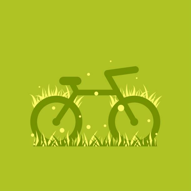 istock bicycle with grass and fireflies icon. Flat bike silhouette isolated on green. Vector illustration. 1256119504