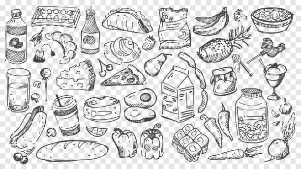 ilustrações, clipart, desenhos animados e ícones de doodles de refeição desenhados à mão definido - honey crisp