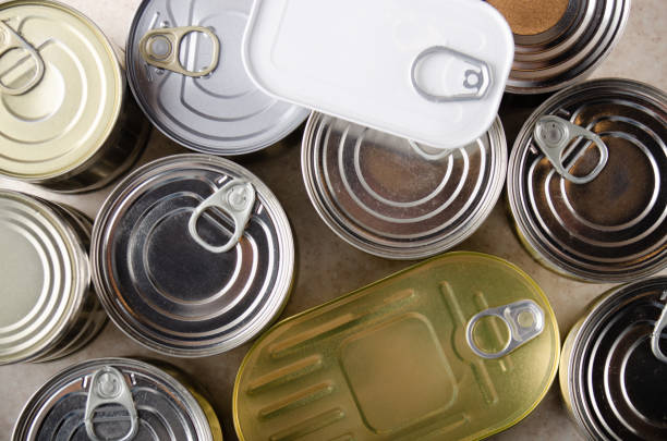 istock Flat lay view at various canned foods in tin cans on kitchen table, non-perishable, long shelf life food for survival in emergency conditions concept 1256120832