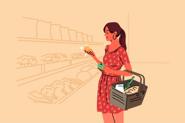 Shopping, sale, coice, store, buy concept Shopping, sale, coice, store, buy concept. Young woman buyer consumer customer character choosing food products in grocery shop supermarket holding fruits in hand. Daily life recreation illustration. supermarket illustrations stock illustrations