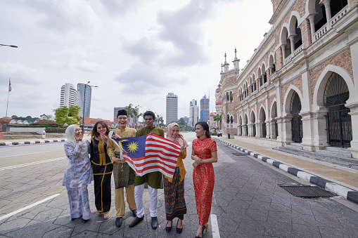 Malaysia multi ethnic adults celebrating their independence day at merdeka square