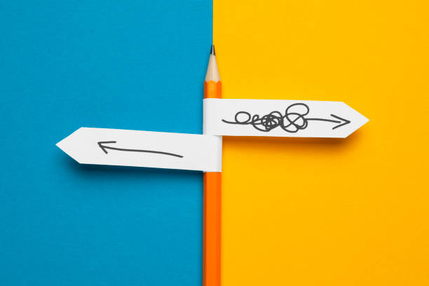 istock Pencil - direction indicator - order and chaos. Reorganization and analysis, choosing right solution to problem 1256121678
