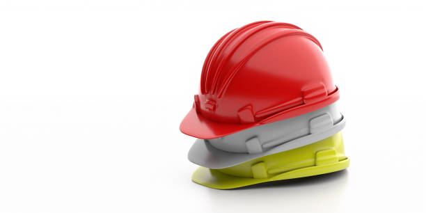 istock Safety hard hats stack isolated on white background, copy space. 3d illustration 1256122861
