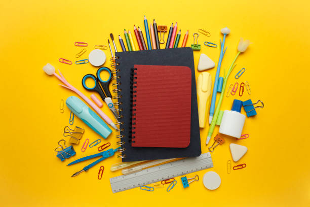 Back to school, items on yellow background. Welcome to learning. Sale accessories for knowledge, retail. Study shopping