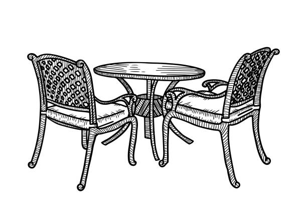 Street outdoor furniture in the summer cafe. Smal round table with two wicker armchairs. Vector sketch hand drawn illustration
