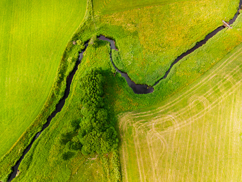 Meander river  with tree along side, shore, trough a farming landscape