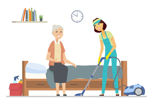 Cleaner helping senior woman - flat design style illustration with cartoon characters. Female volunteer, service worker vacuum cleaning at home of a retired person. Elderly people care, social support