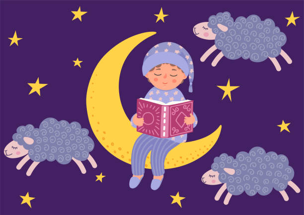 Bedtime story. Bedtime story. Cute little boy reads book. Child in pajama sitting on the moon. Night starry sky with clouds in form of sheeps bedtime stock illustrations