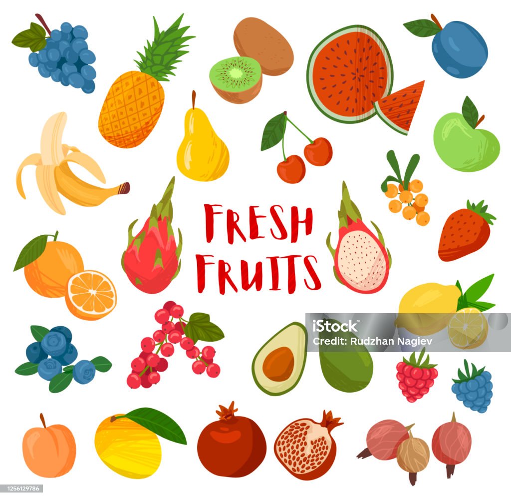 Ilustración de Gran Colección De Coloridos Dibujos Animados Fruta Fresca y  más Vectores Libres de Derechos de Fruta - iStock
