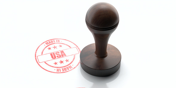 MADE IN USA, AUTHENTICITY stamp. Wooden round rubber stamper and stamp with text made in usa isolated on white background. Production security message with red ink. 3d illustration