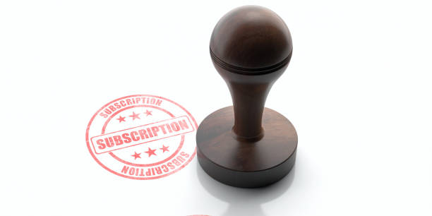 istock SUBSCRIPTION, MEMBERSHIP stamp. Wooden rubber stamper, stamp with text subscription isolated on white background. Banner. 3d illustration 1256132500