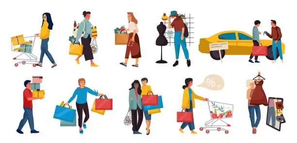Vector illustration of Shopping people. Trendy family and couples cartoon characters at mall shopping, happy cute persons at retail stores. Vector mall scenes