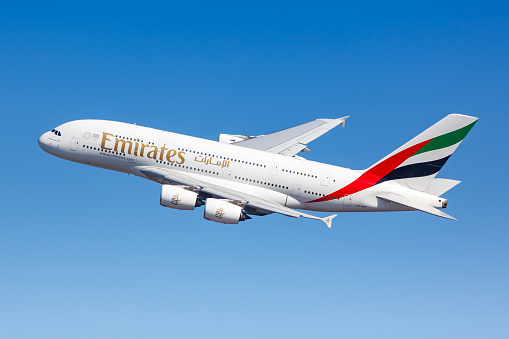 New York City, New York – March 1, 2020: Emirates Airbus A380-800 airplane at New York JFK airport (JFK) in New York.