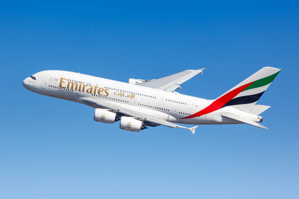 Emirates Airbus A380-800 airplane New York JFK airport stock photo